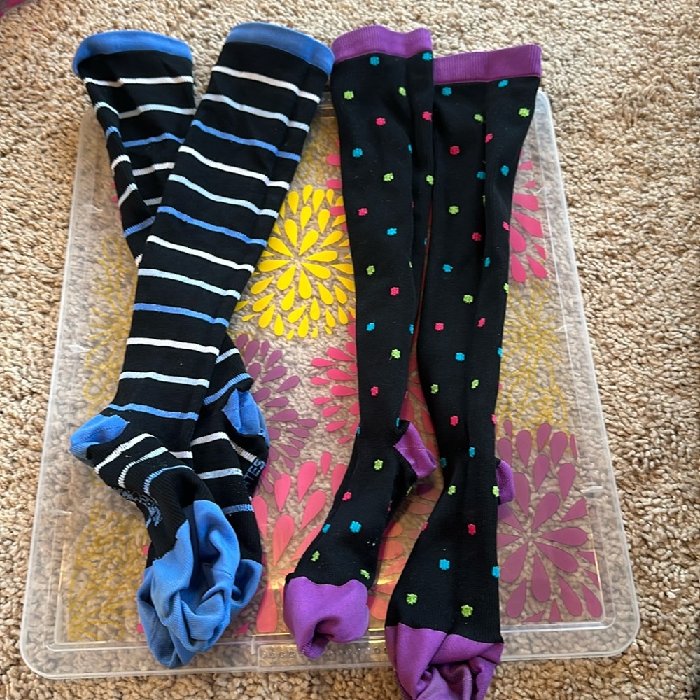Navy stripe and black purple polka dot compression socks nurse mates medical